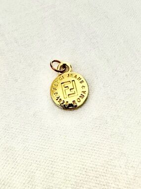 Fendi Jeans Gold Round Logo Pendant Charm, Logos, Petite, Small